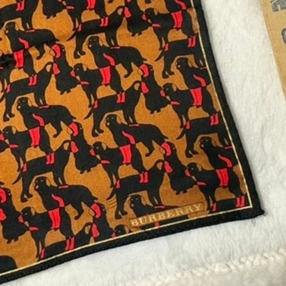 Vtg BURBERRY Scarf Handkerchief Dog Motif Tan Black Red 19